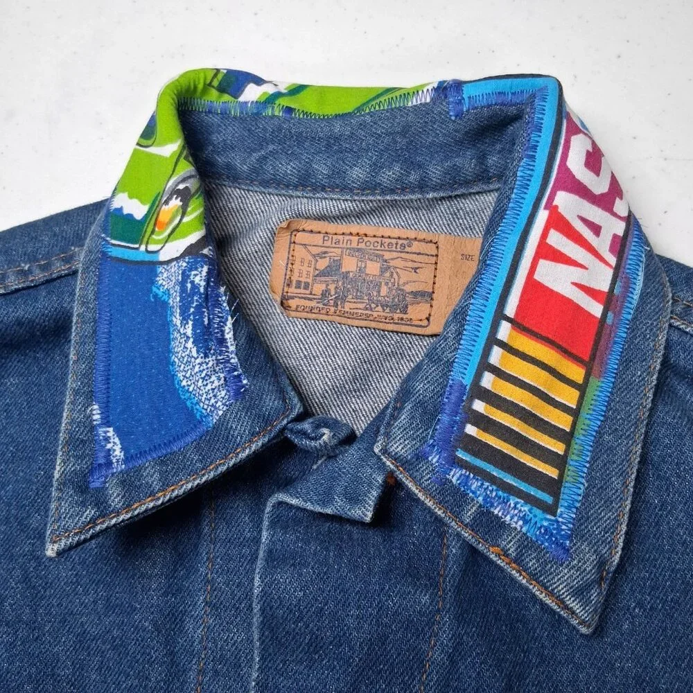 Reworked NASCAR Jean Jacket Size 40 Race Car Auto Racing Upcycled Denim - Picture 13 of 16